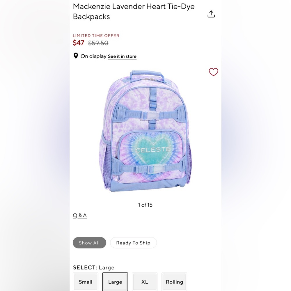 Pottery barn kids backpack Mackenzie size large lavender heart tie dye